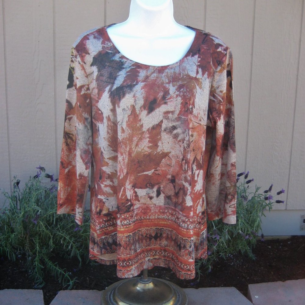 ENERGE World Ware Sweater 3/4 Sleeves Leaf Print hi-low tunic style - NWOT